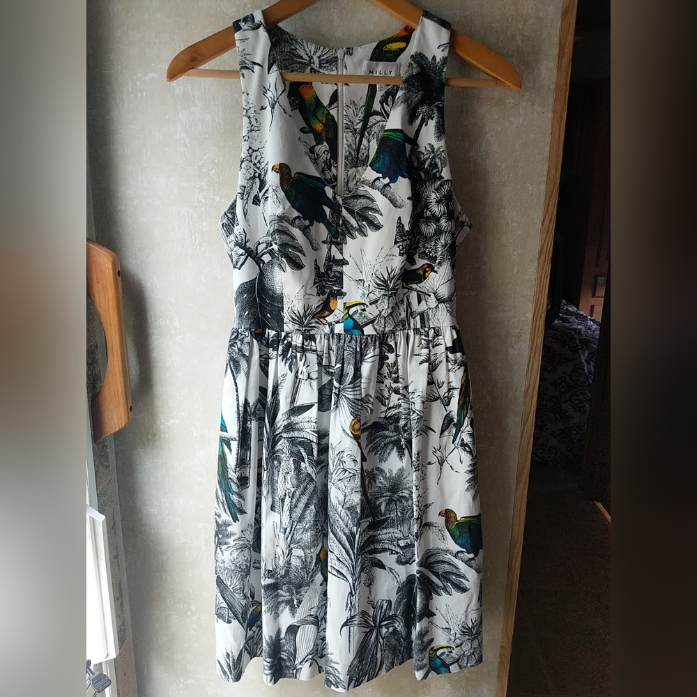 Milly Black and White Tropical Print Midi Dress